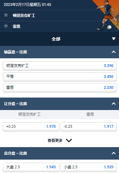 欧洲联赛,顿涅茨克矿工 v 雷恩,平博的赔率和盘口
