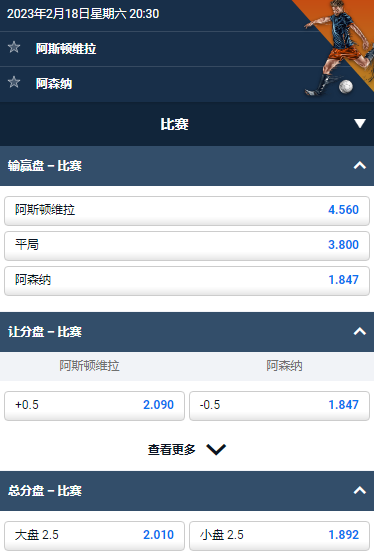 英超,阿斯顿维拉 vs 阿森纳,赔率和盘口数据来自于平博