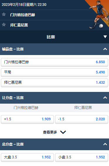 德甲，门兴格拉德巴赫 vs 拜仁慕尼黑，平博的赔率和盘口