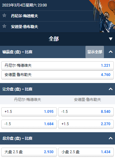 ATP迪拜站决赛，梅德维夫 vs 鲁布勒夫，平博赔率盘口