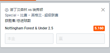 诺丁汉森林 - 埃弗顿，主队获胜+进球小2.5，赔率5.16