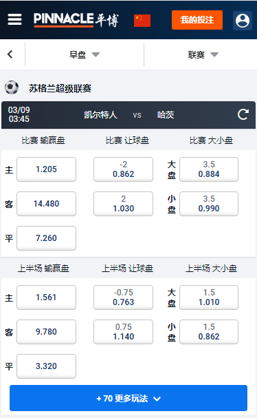 苏格兰超，凯尔特人 - 哈茨，平博赔率和盘口