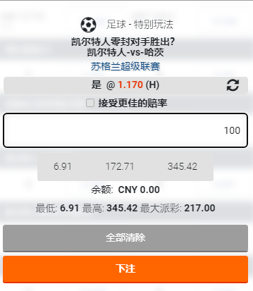 苏格兰超，凯尔特人，零封对手获胜赔率位2.17