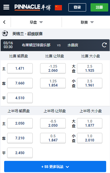 平博，英超，布莱顿-水晶宫，赔率和盘口