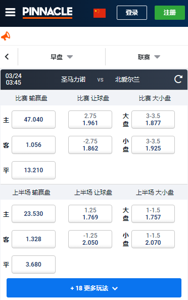 欧洲杯预选赛，圣马力诺-北爱尔，平博赔率和盘口