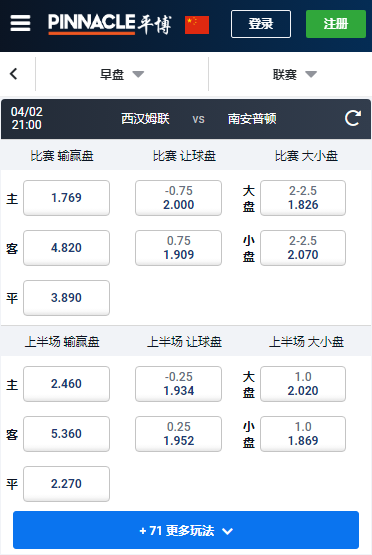西汉姆-南安普顿，平博赔率和盘口