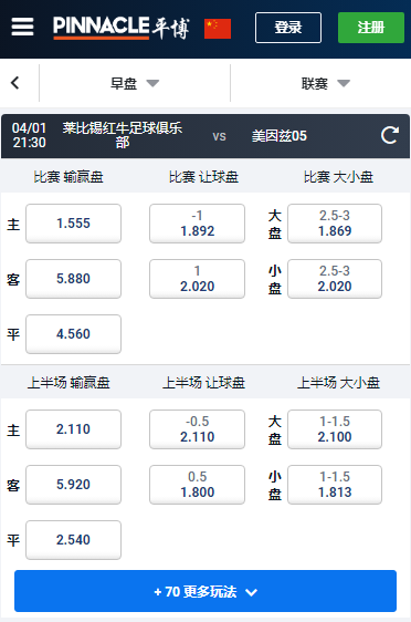 莱比锡-美因茨05，平博赔率和盘口