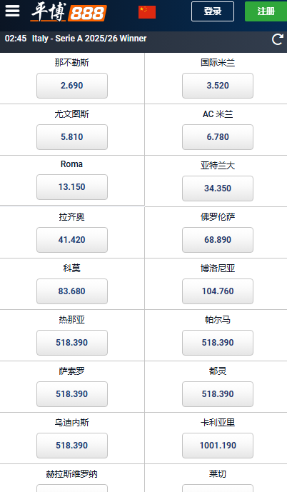 意甲2025/26赛季，平博的赔率和盘口