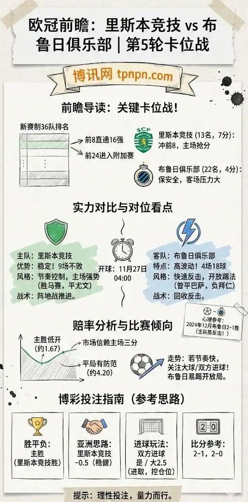里斯本竞技vs布鲁日 | 欧冠联赛阶段第5轮 | 前瞻解析与投注技巧