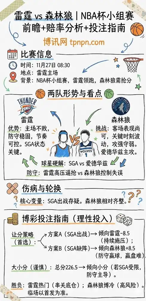 雷霆vs森林狼 | NBA杯小组赛 | 前瞻+赔率分析+投注指南